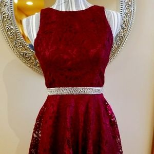 Maniju Burgundy Silver Bead Eyelet Prom Dress